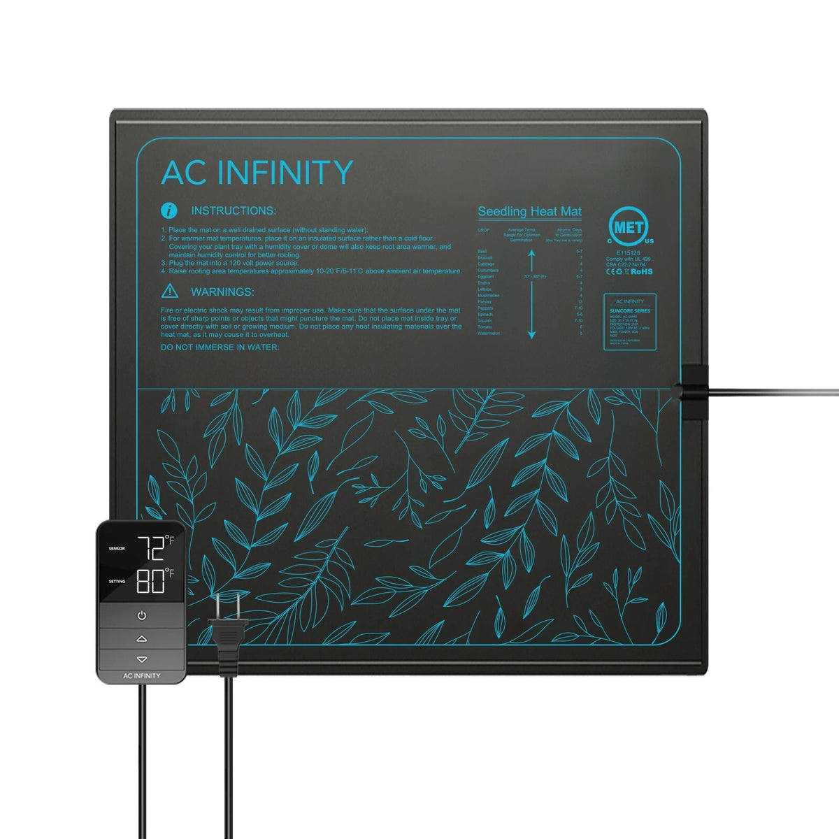Suncore seedling heat mat with digital thermostat and white background.