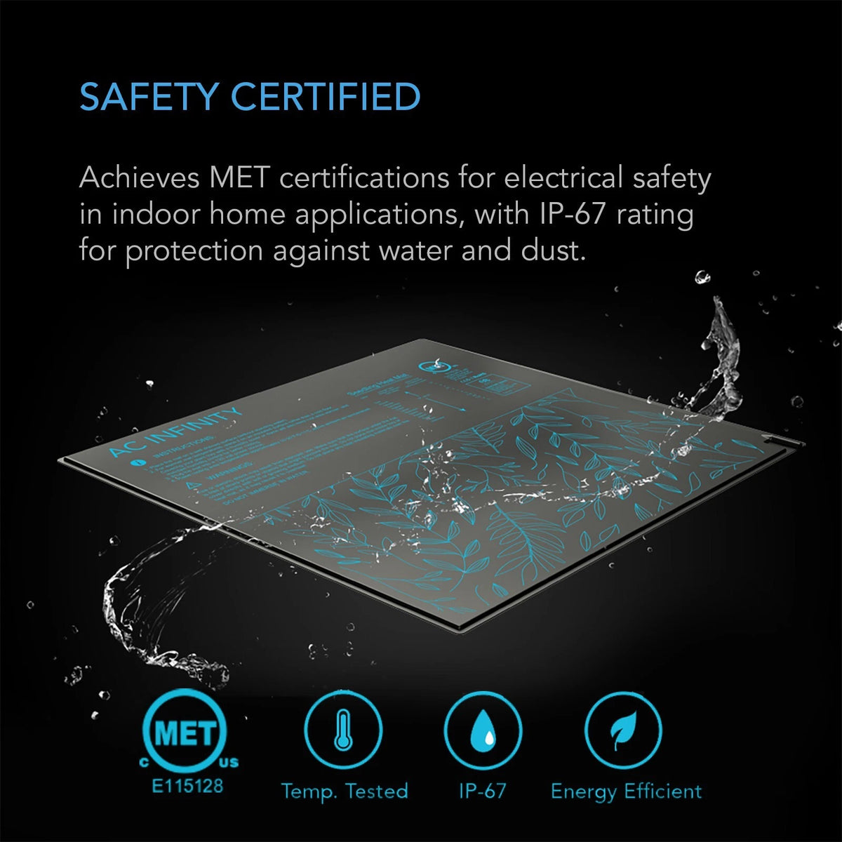 Suncore seedling heat mat featuring safety MET certified with IP-67 waterproof rating on black background.