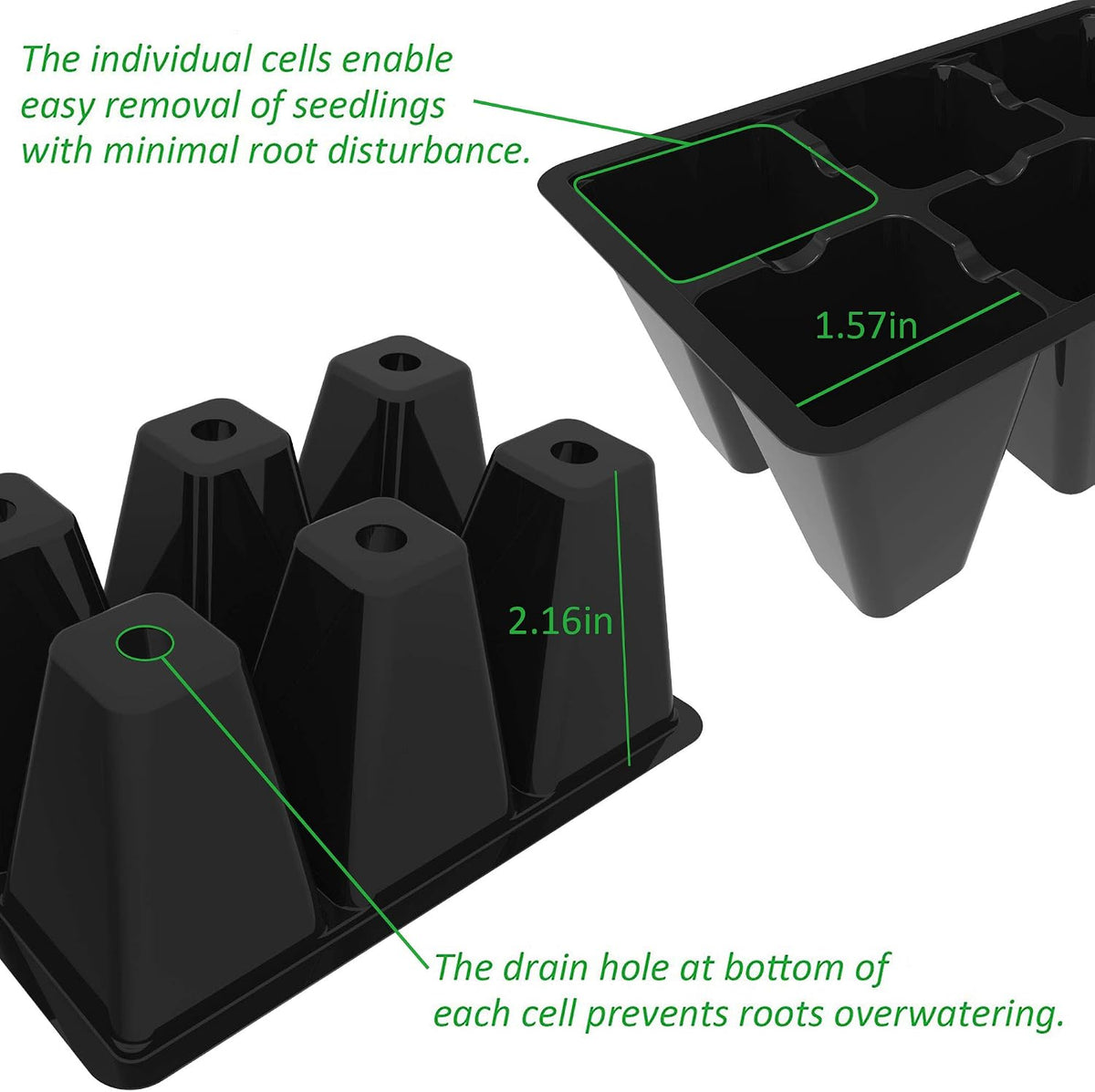 Black seedling tray with individual cells and measurements, showing features like root disturbance reduction and root overwatering prevention.