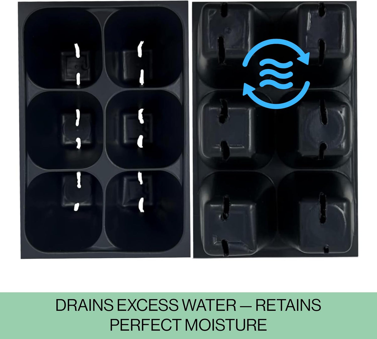 Black seedling tray with drainage holes and moisture retention features, showing water flow symbol.