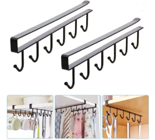 Metal under-the-shelf hook racks with hooks for hanging items, shown in various settings.