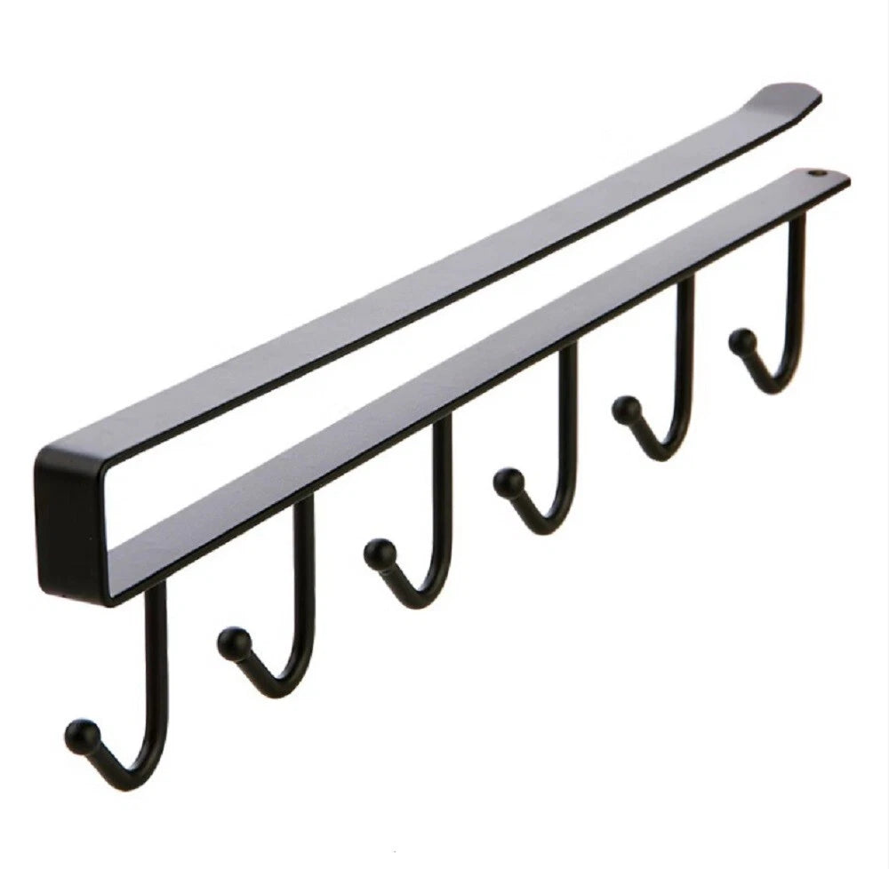 Wall-mounted metal under-the-shelf hook rack with six hooks on a white background