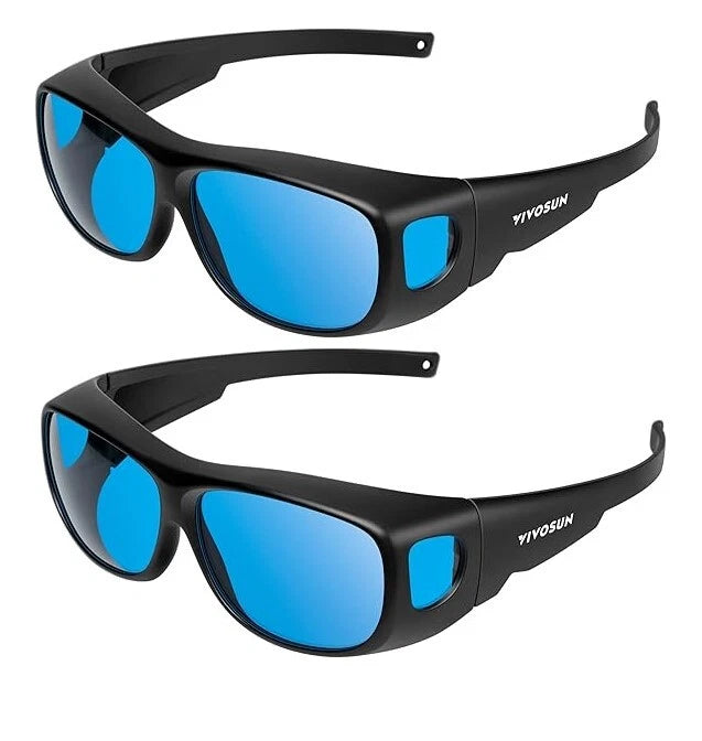 Two pairs of black wrap-around VIVOSUN anti-UV sunglasses with bright blue mirrored lenses, shown from different angles on a plain white background. The brand name 'VIVOSUN' is printed in white on the temple arm.