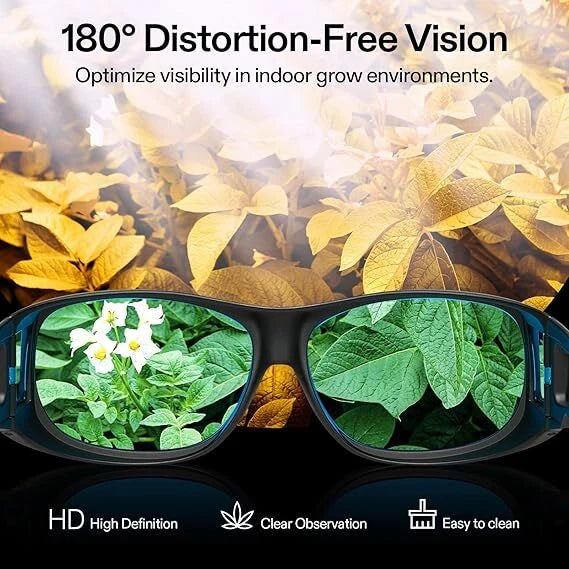 Anti-UV Goggles with clear lenses showing plants, emphasizing distortion-free vision in indoor grow environments.