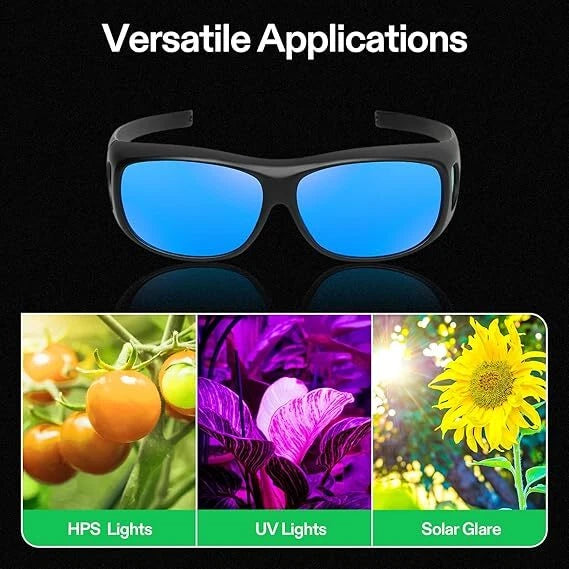 VIVOSUN anti-UV Sunglasses with blue lenses on a black background, showing applications for HPS lights, UV lights, and solar glare.