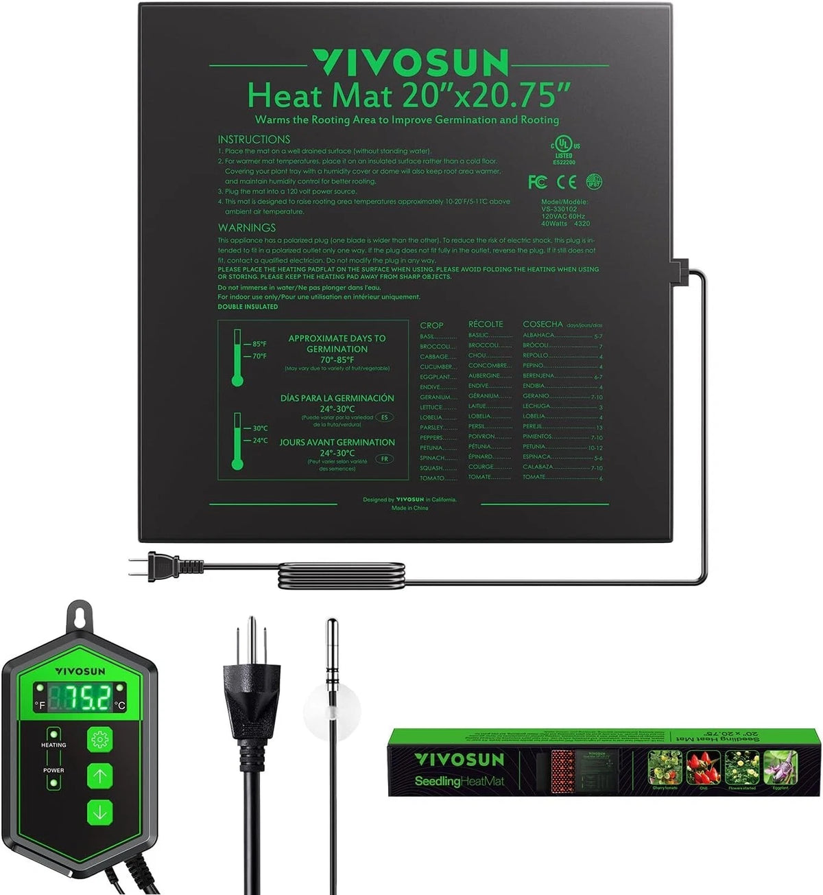 VIVOSUN heat mat with controller and power cord on a white background