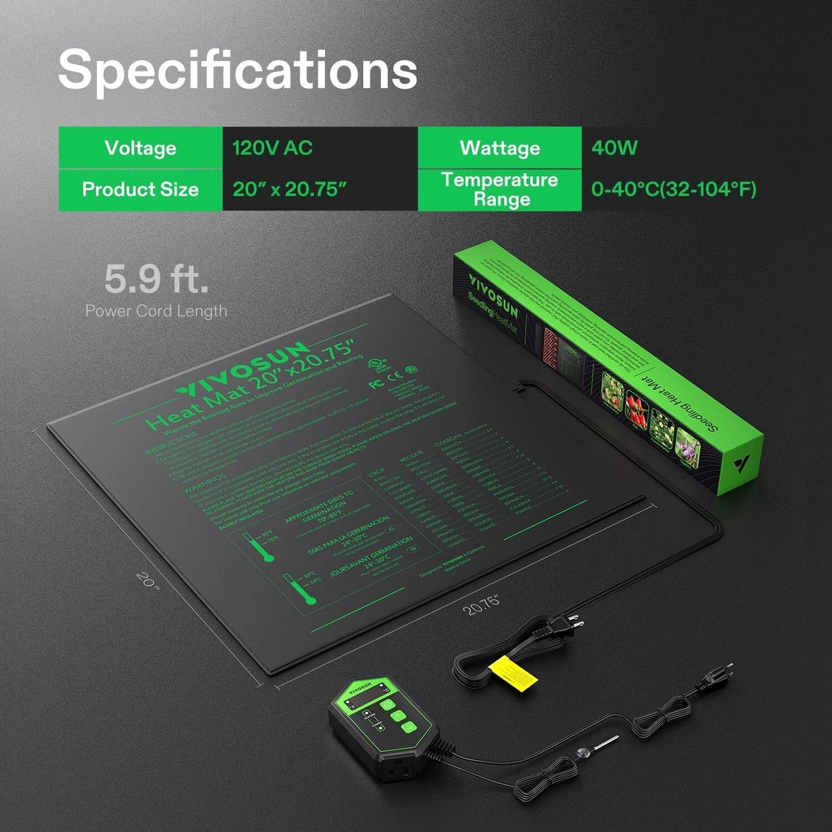 VIVOSUN heat mat with power supply and specifications on a dark background