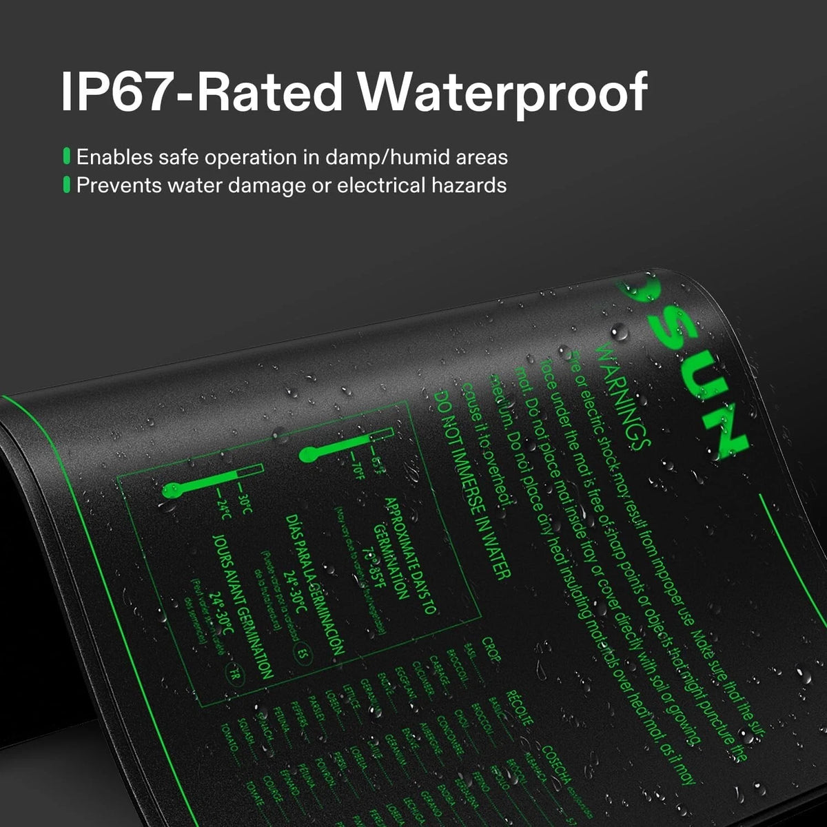 IP67 rated VIVOSUN seed germination mat with water droplets and black background.