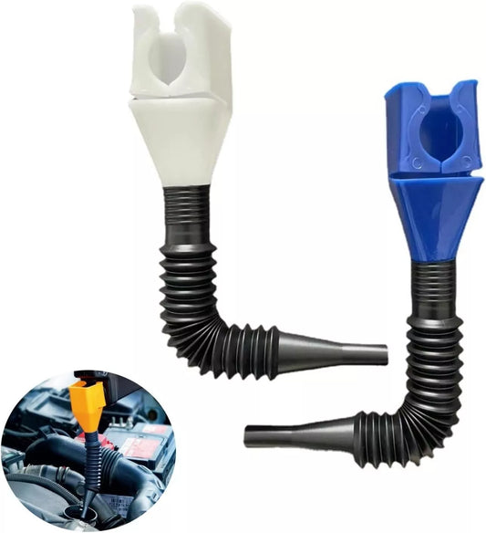 Two one-hand snap funnels on the right and inset showing one funnel being used to pour oil into car