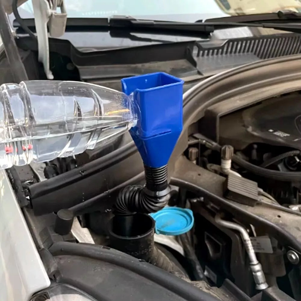 snap funnel being used to pour water into radiator