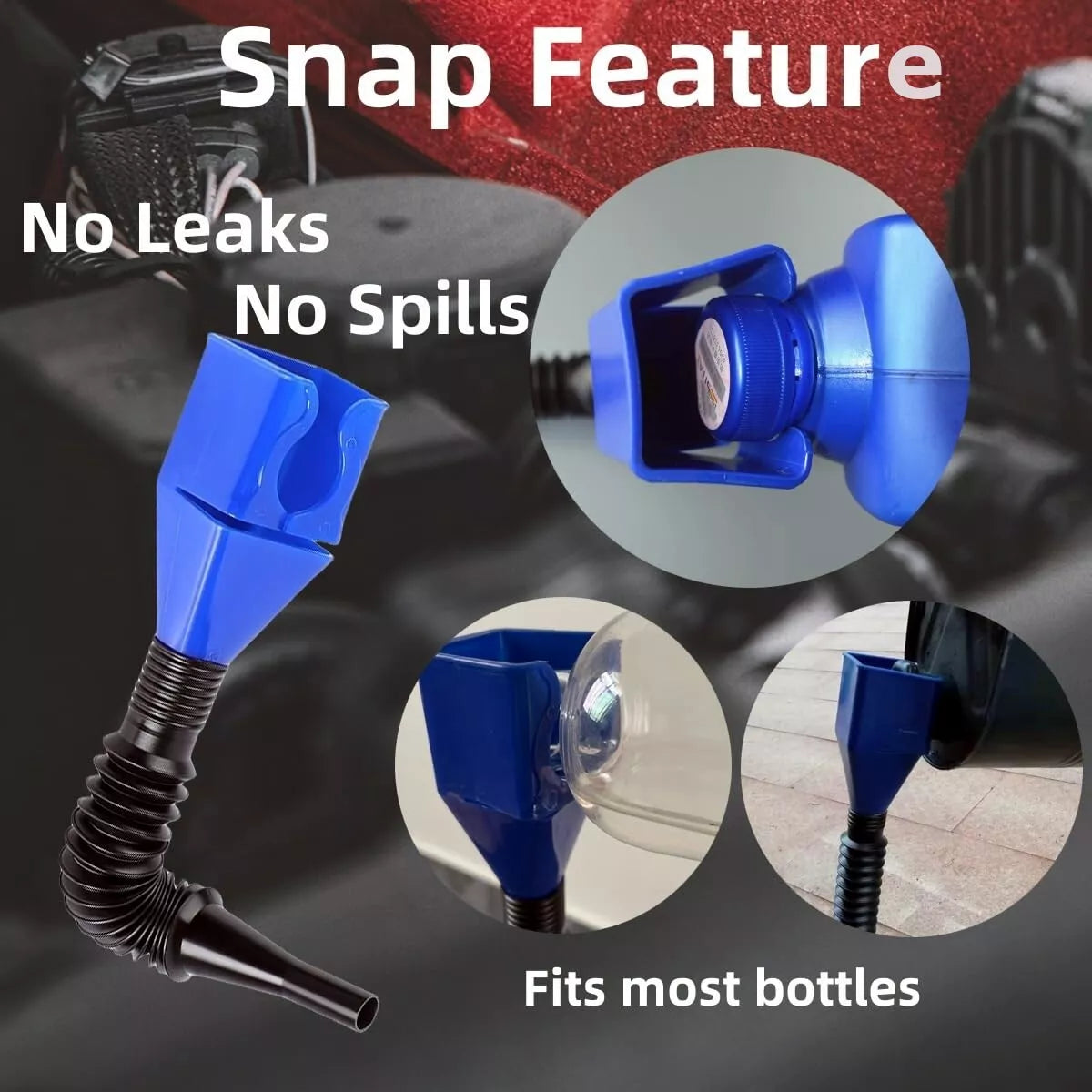 One-hand snap funnel showing benefits: no leaks, no spills, fits most bottles