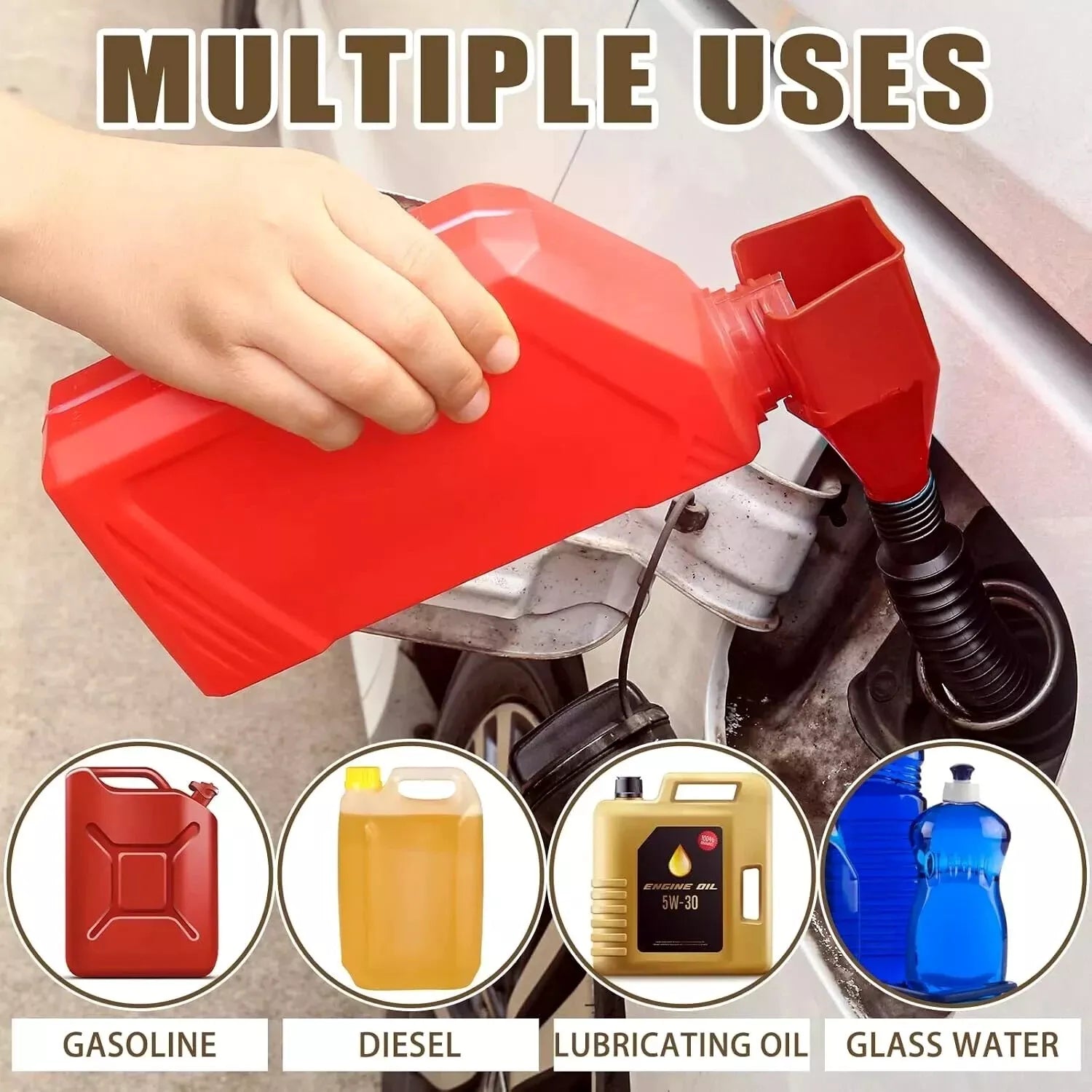 multiples uses shown, examples of snap funnel pouring gasoline, diesel, water, soap, oil, lubricating oil