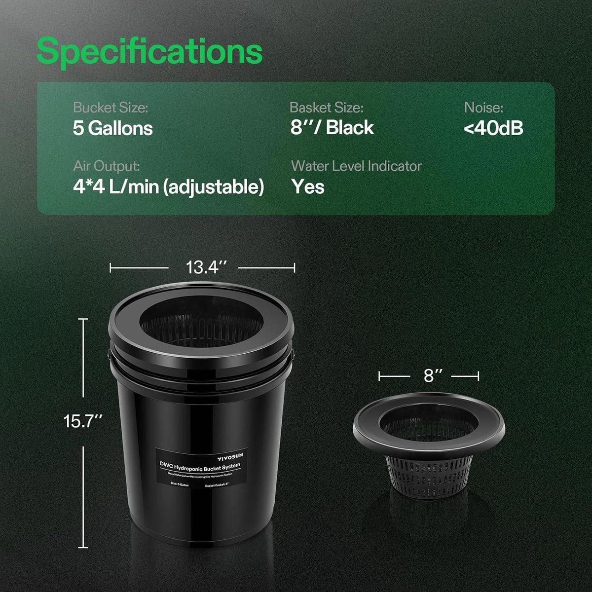 Black bucket hydroponic drip system with specifications on a dark background