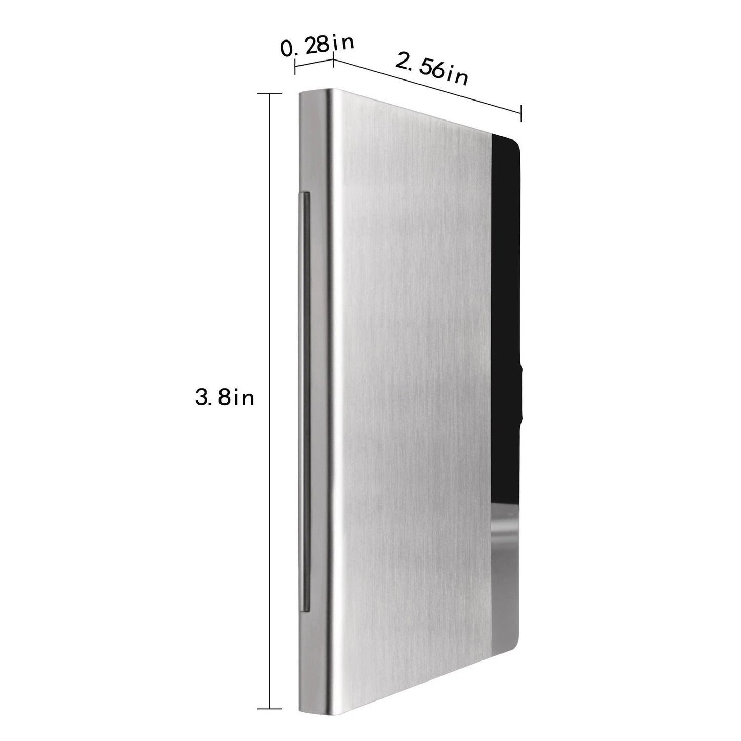 Metallic rectangular stainless steel credit card and ID case with dimensions labeled on a white background
