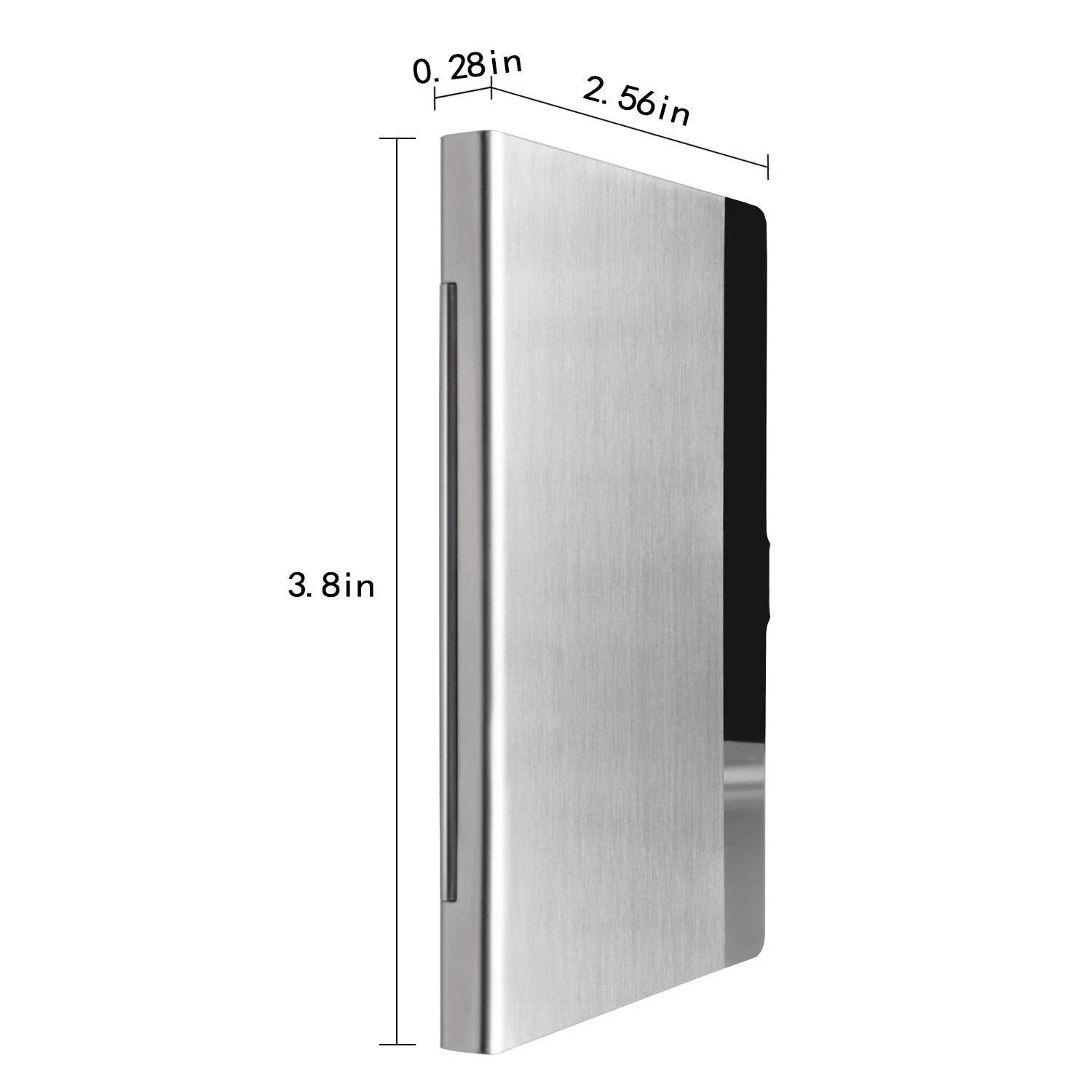 Metallic rectangular stainless steel credit card and ID case with dimensions labeled on a white background
