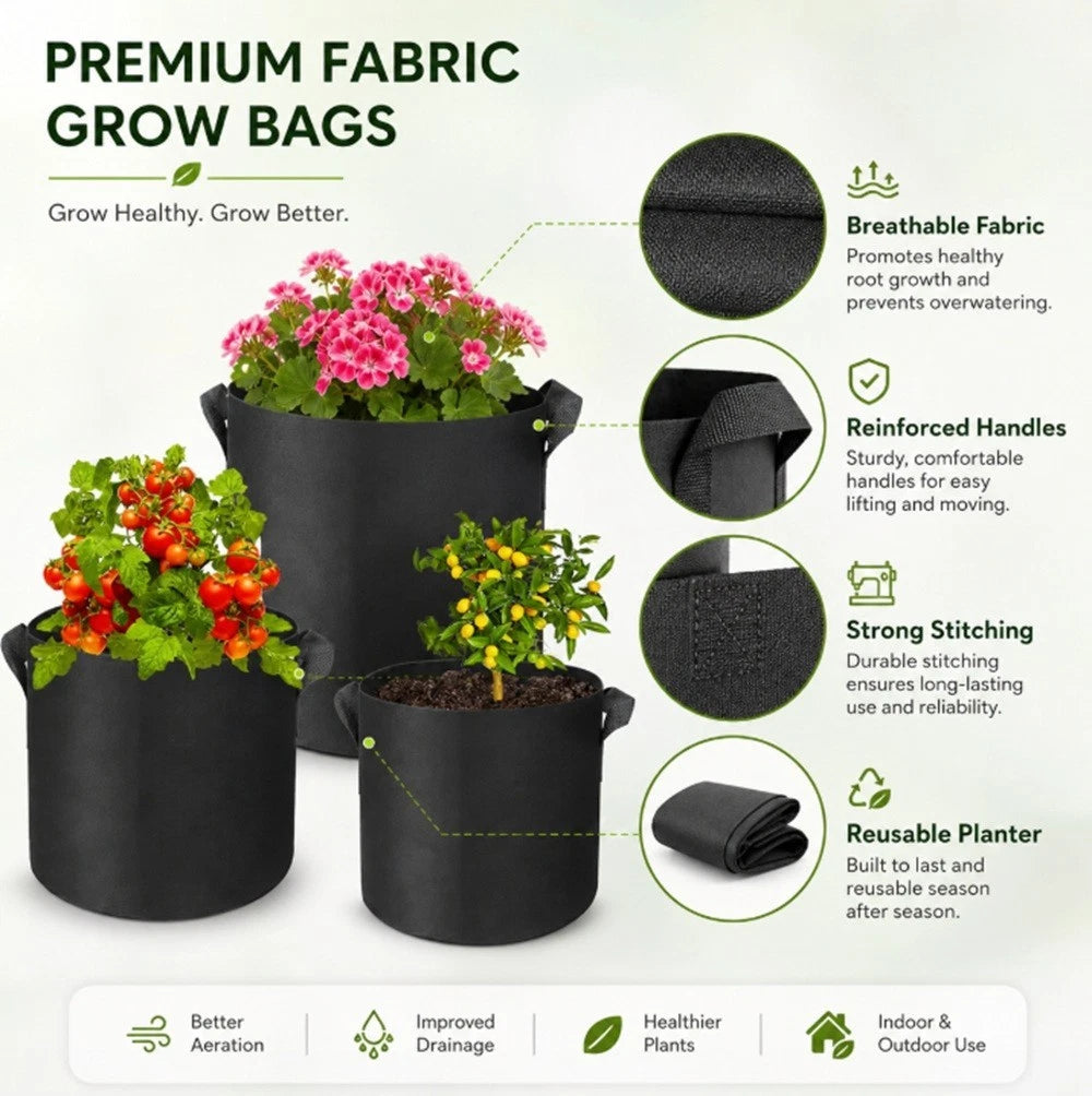 Three black premium fabric grow bags with potted plants, shown on a white background with feature callouts and icons for breathable fabric, reinforced handles, strong stitching, reusable planter, better aeration, improved drainage, healthier plants, and indoor/outdoor use.