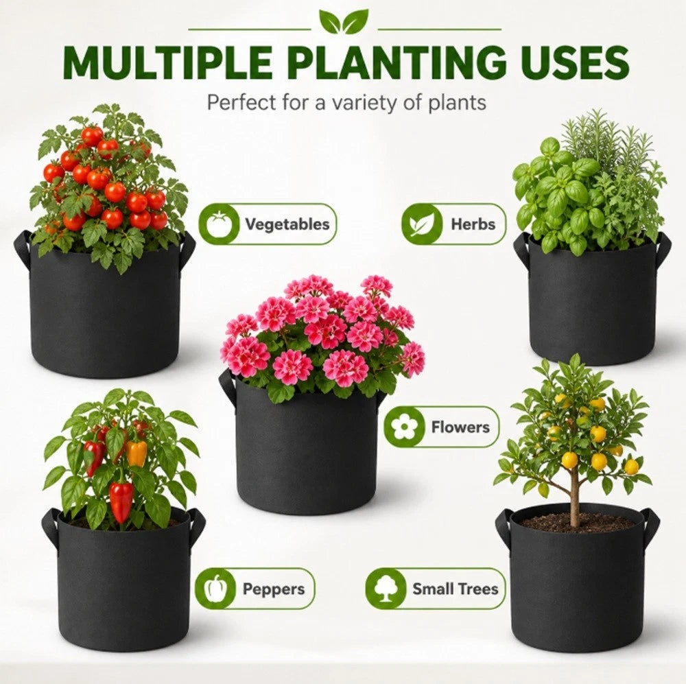 Six black fabric grow bags with handles shown with different planted examples and labels for vegetables, herbs, flowers, peppers, and small trees, under the heading 'MULTIPLE PLANTING USES'.