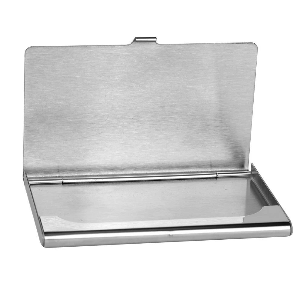 Silver stainless steel metal business card holder on a white background