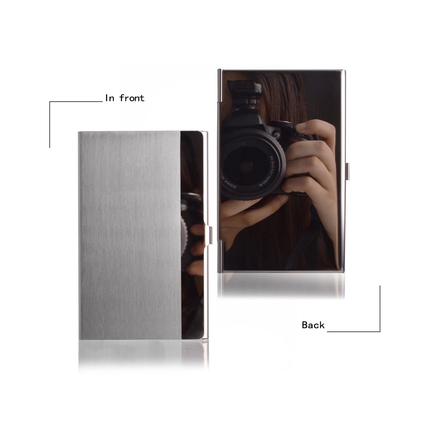 Silver rectangular stainless steel cardholder with front and back views showing a camera design.