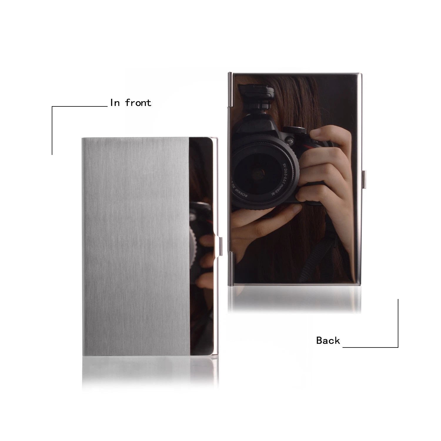 Silver rectangular stainless steel cardholder with front and back views showing a camera design.