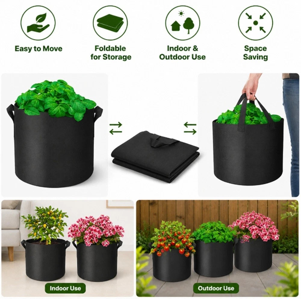 Black fabric grow bag planter shown in multiple use cases with green plants and pink flowers, including folded storage, being carried by a person, and used indoors and outdoors. The top row includes feature icons and text: Easy to Move, Foldable for Storage, Indoor & Outdoor Use, and Space Saving.