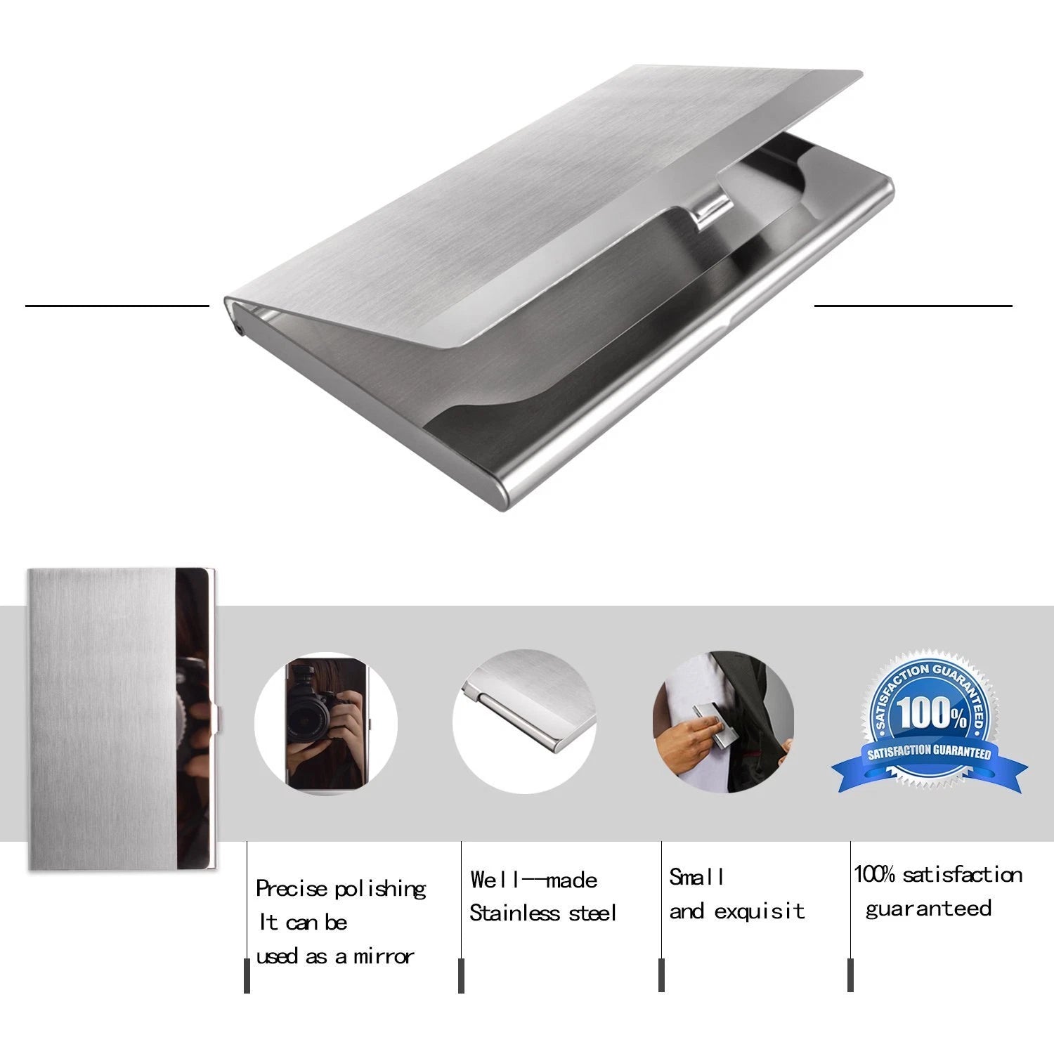 Stainless steel business card holder with features highlighted on a white background