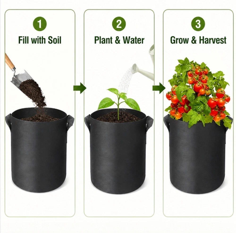 Three-step gardening process showing a black grow bag: step 1 Fill with Soil, step 2 Plant & Water, step 3 Grow & Harvest, with numbered green circles and arrows between panels.