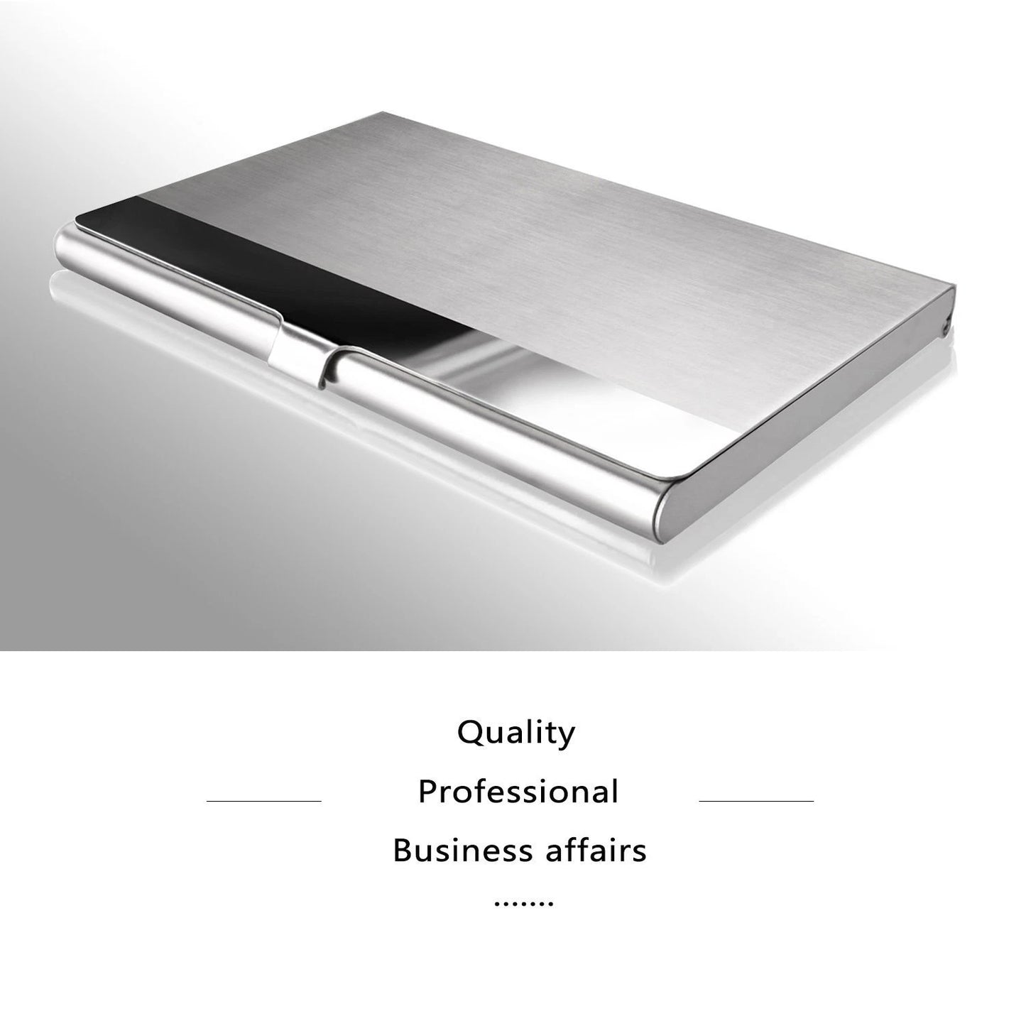 Metallic stainless steel business card holder on a reflective surface with text 'Quality Professional Business affairs'.