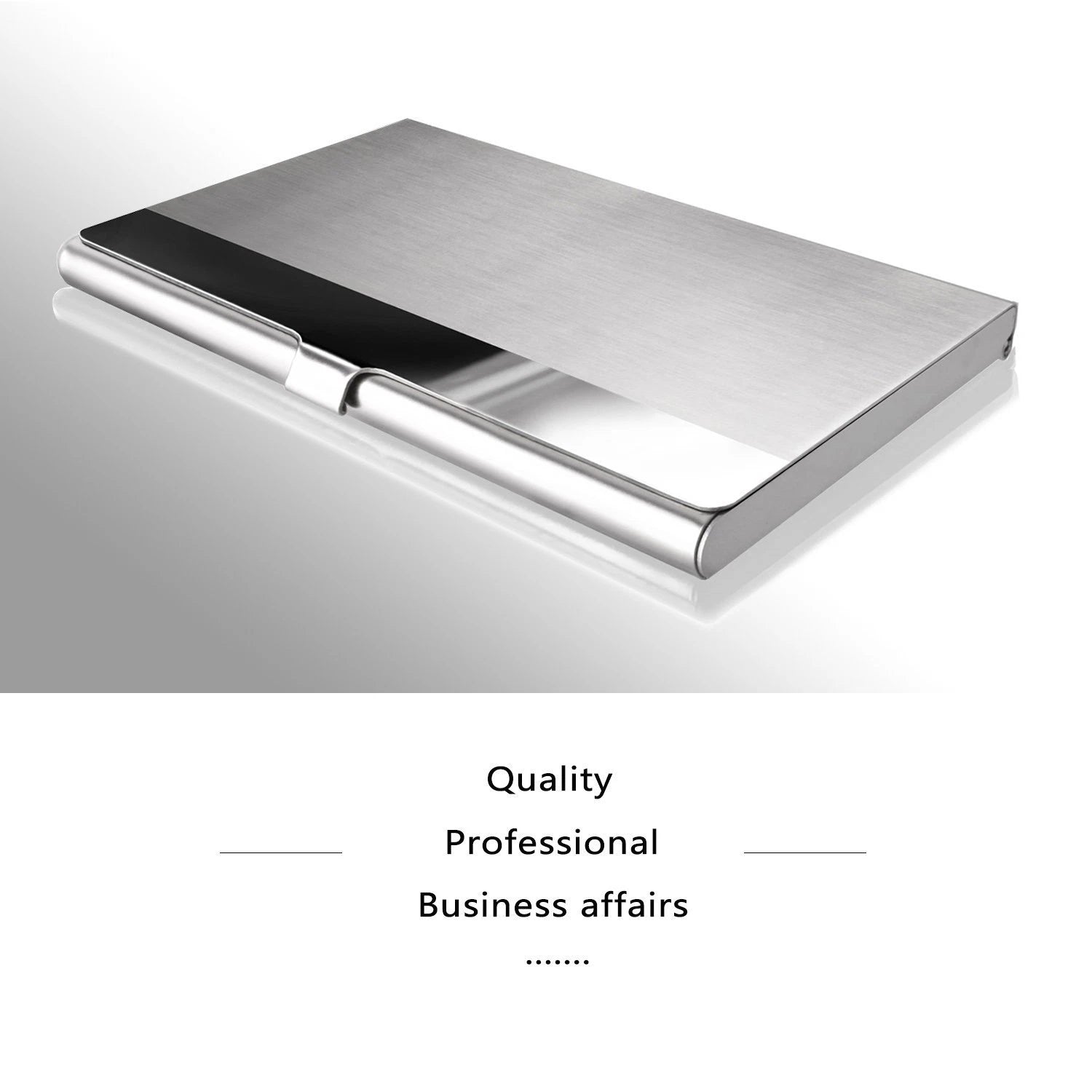 Metallic stainless steel business card holder on a reflective surface with text 'Quality Professional Business affairs'.