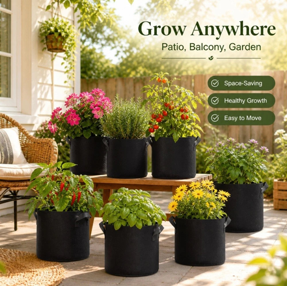 Black fabric grow bags arranged on a patio with potted plants, alongside promotional text reading 'Grow Anywhere' and feature callouts for space-saving, healthy growth, and easy to move.