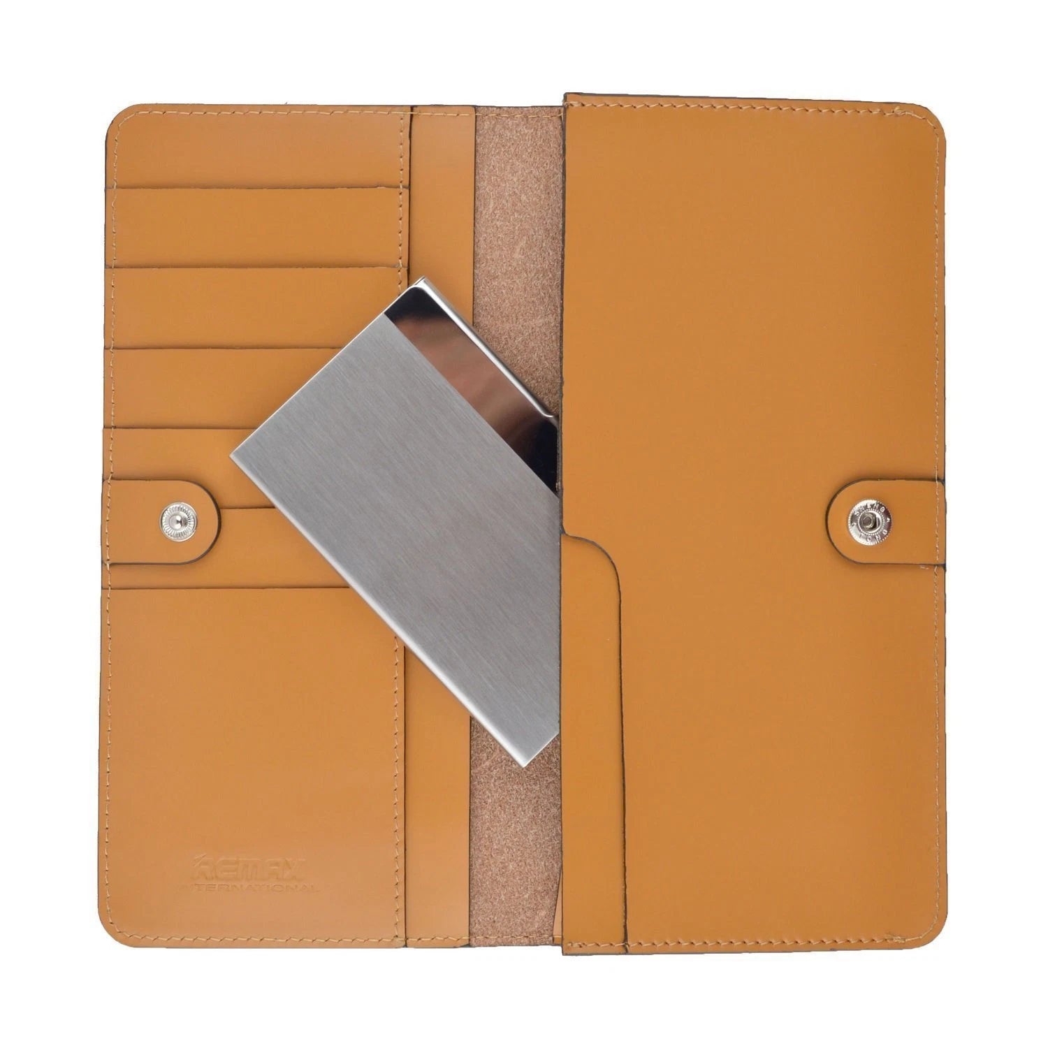Brown leather wallet with a silver stainless steel metal cardholder on a white background