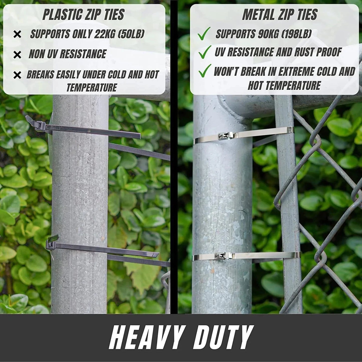 stainless steel zip ties higher tensile strength, uv resistance, rust proof capabilities, and ability to withstand hot and cold temperatures nylon ties cannot withstand