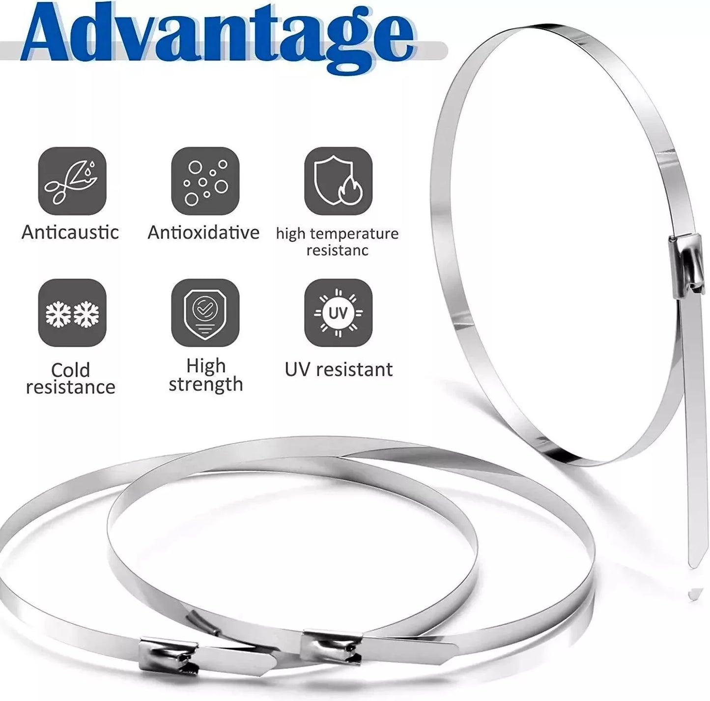 advantages of 304 stainless stee zip ties  anti caustic, antioxidative, high temperature resistance, cold resistance, high strength, UV resistant 