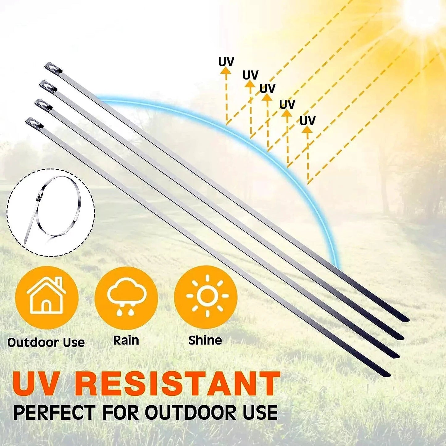 uv resistant stainless steel zip ties, outdoors, rain or shine