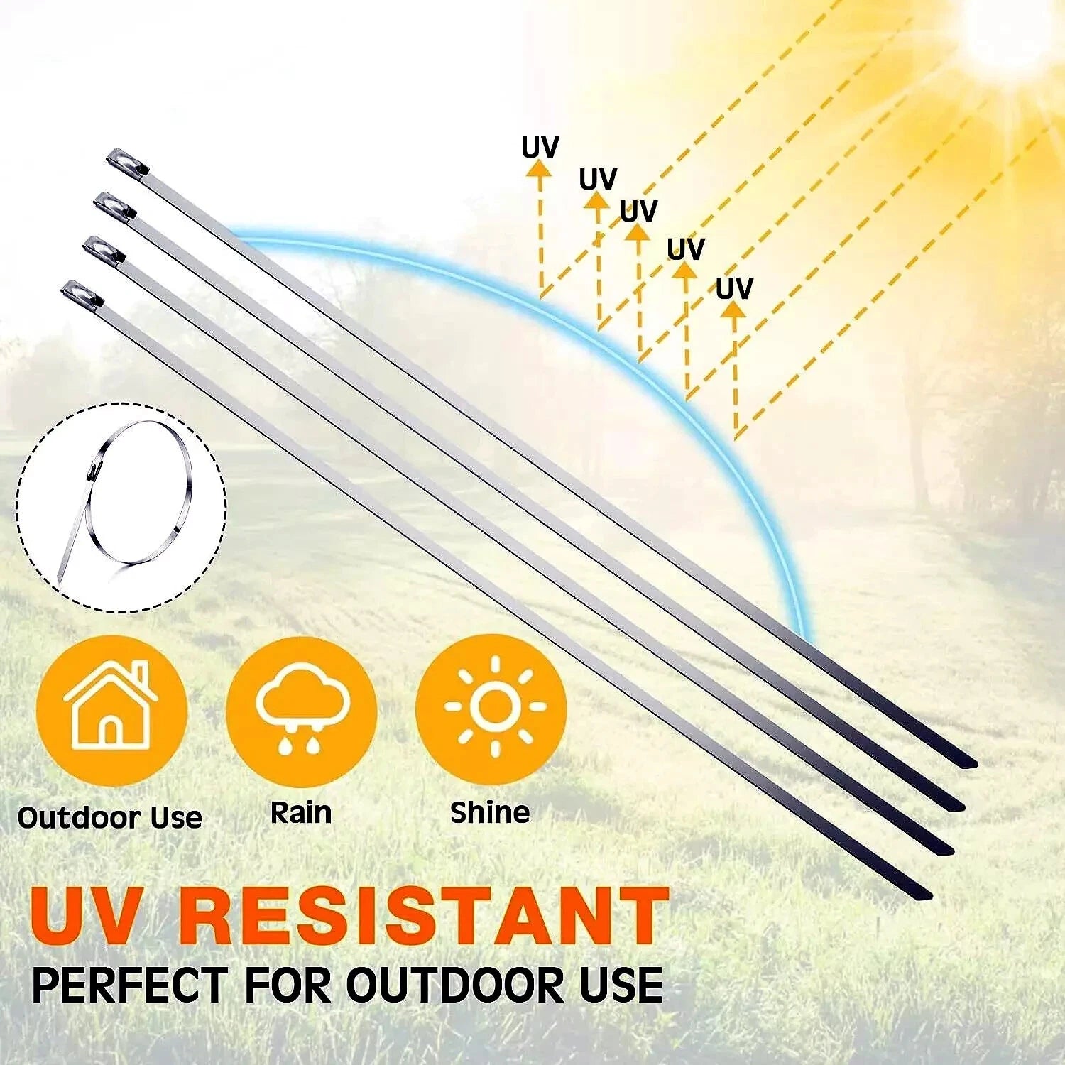 uv resistant stainless steel zip ties, outdoors, rain or shine
