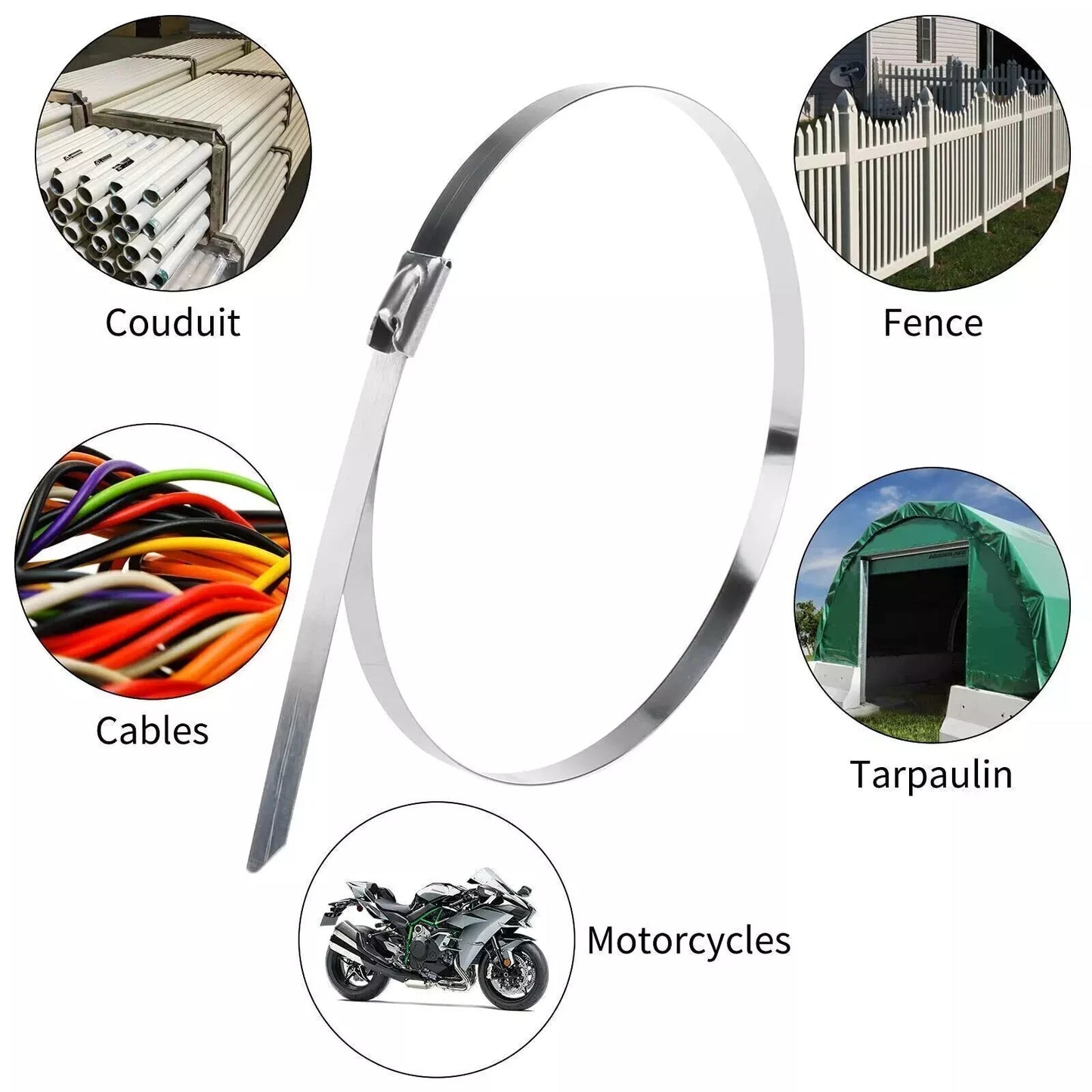 images showing various uses, conduit, fences, cable ties, motorcycles, tarps, camping