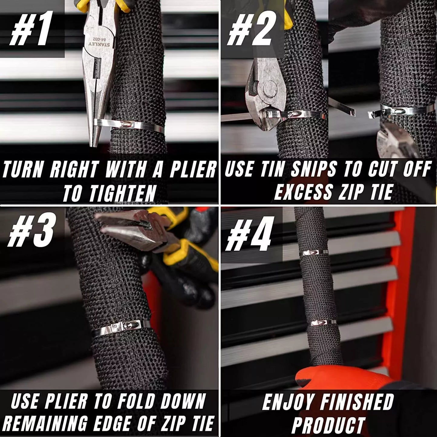 stainless steel zip tie installation steps, mechanic tightening stainless steel zip ties wrapped around exhaust wrap