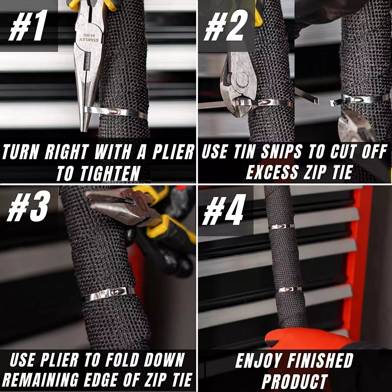 stainless steel zip tie installation steps, mechanic tightening stainless steel zip ties wrapped around exhaust wrap