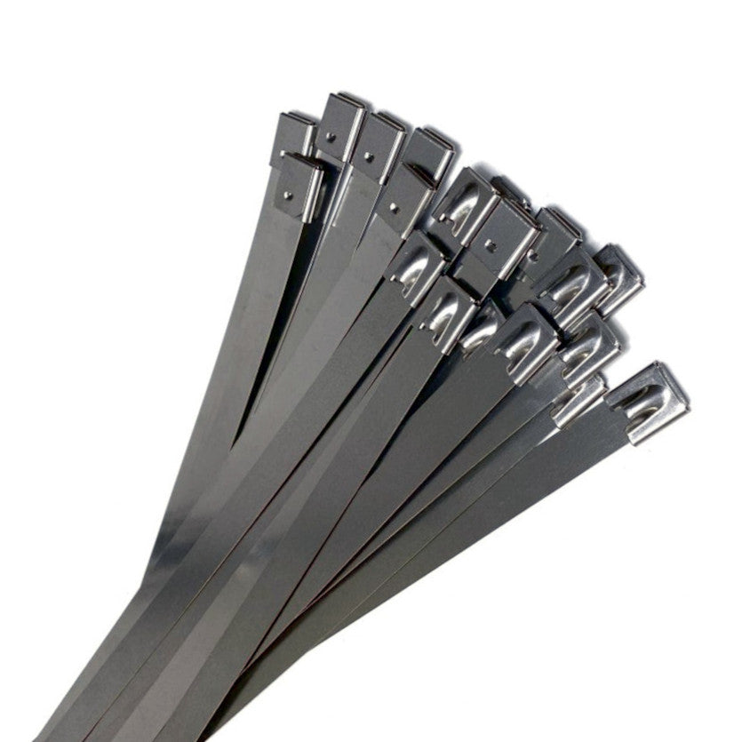 A set of 304 stainless steel zip metal cable ties fanned out against a plain white background.