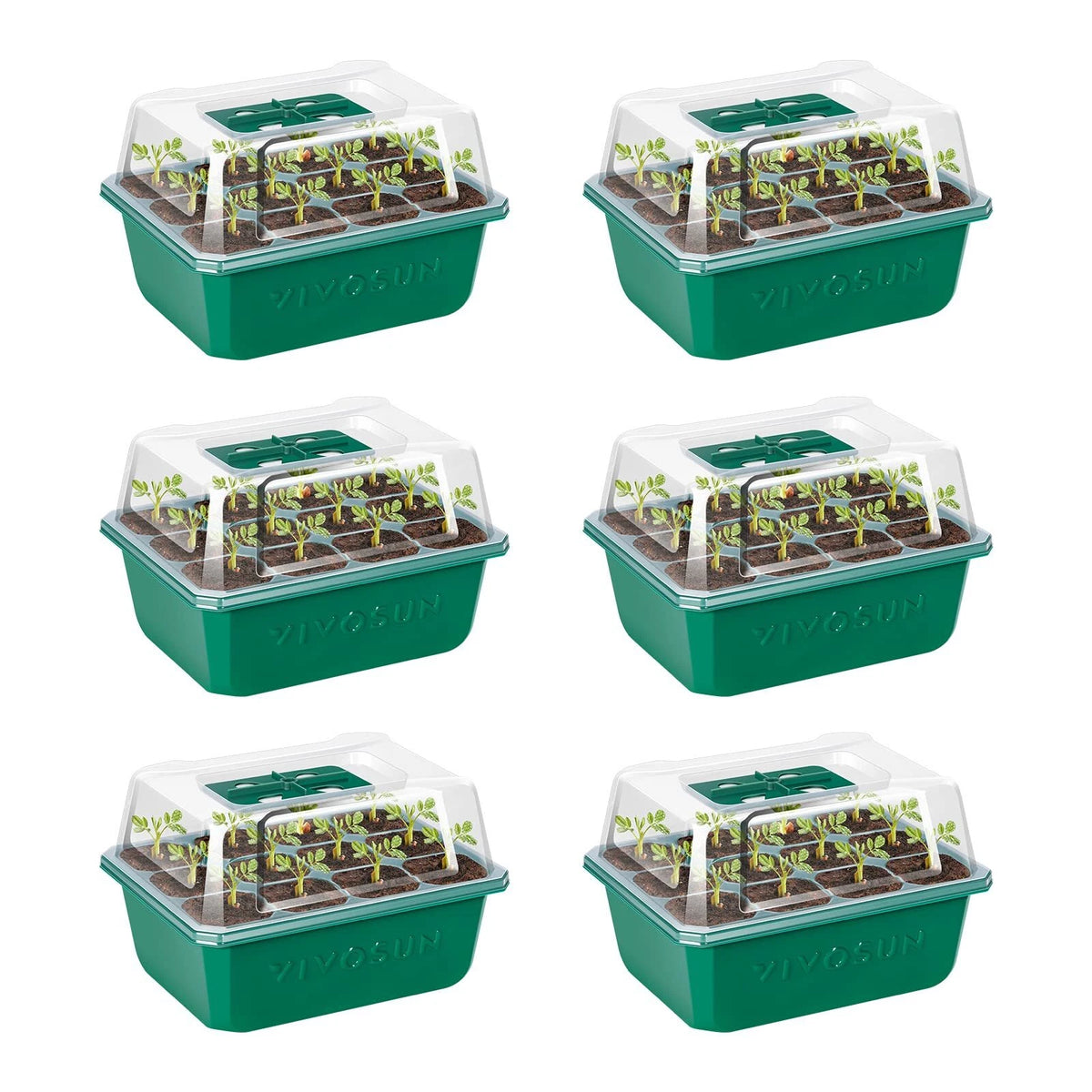 Six green plastic VIVOSUN seed starter humidity dome tray kits with clear plastic hoods, each containing small seedlings, arranged in a 2x3 grid on a white background.