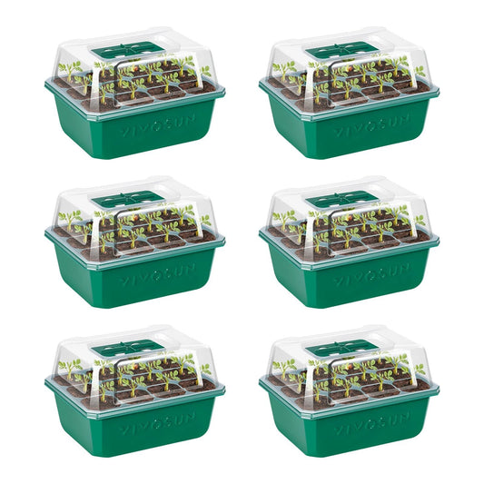 Six green plastic VIVOSUN seed starter humidity dome tray kits with clear plastic hoods, each containing small seedlings, arranged in a 2x3 grid on a white background.