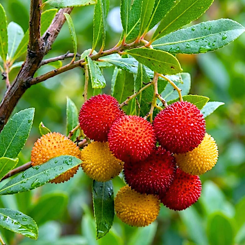 Red and yellow Strawberry tree fruit hanging from branch with green leaves. Irish Killarney (Arbutus unedo)