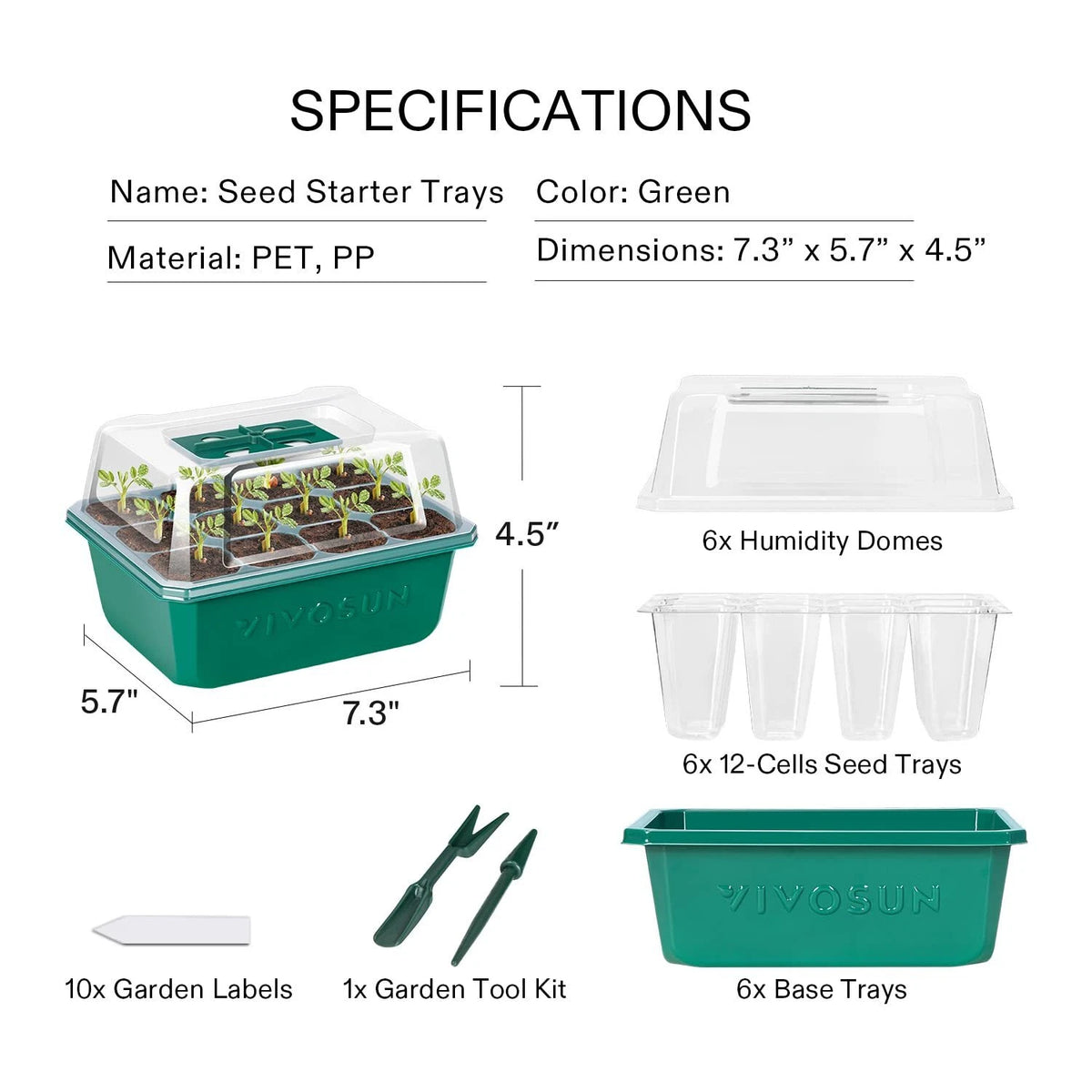 Specifications and dimensions graphic for VIVOSUN seed starter humidity dome tray kit, showing a green plastic tray with a clear dome, six humidity domes, six 12-cell seed trays, garden labels, a garden tool kit, and six base trays on a white background with labeled measurements.