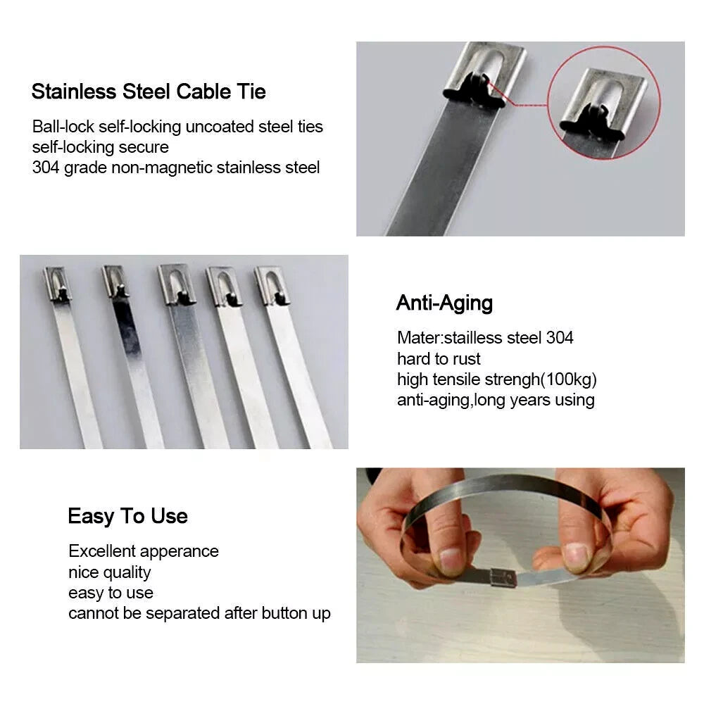 Stainless steel cable tie shown in a four-panel infographic with text callouts: 'Stainless Steel Cable Tie,' 'Anti-Aging,' and 'Easy To Use,' plus a close-up inset of the locking mechanism. The product is a thin metallic cable tie with a ball-lock style end.