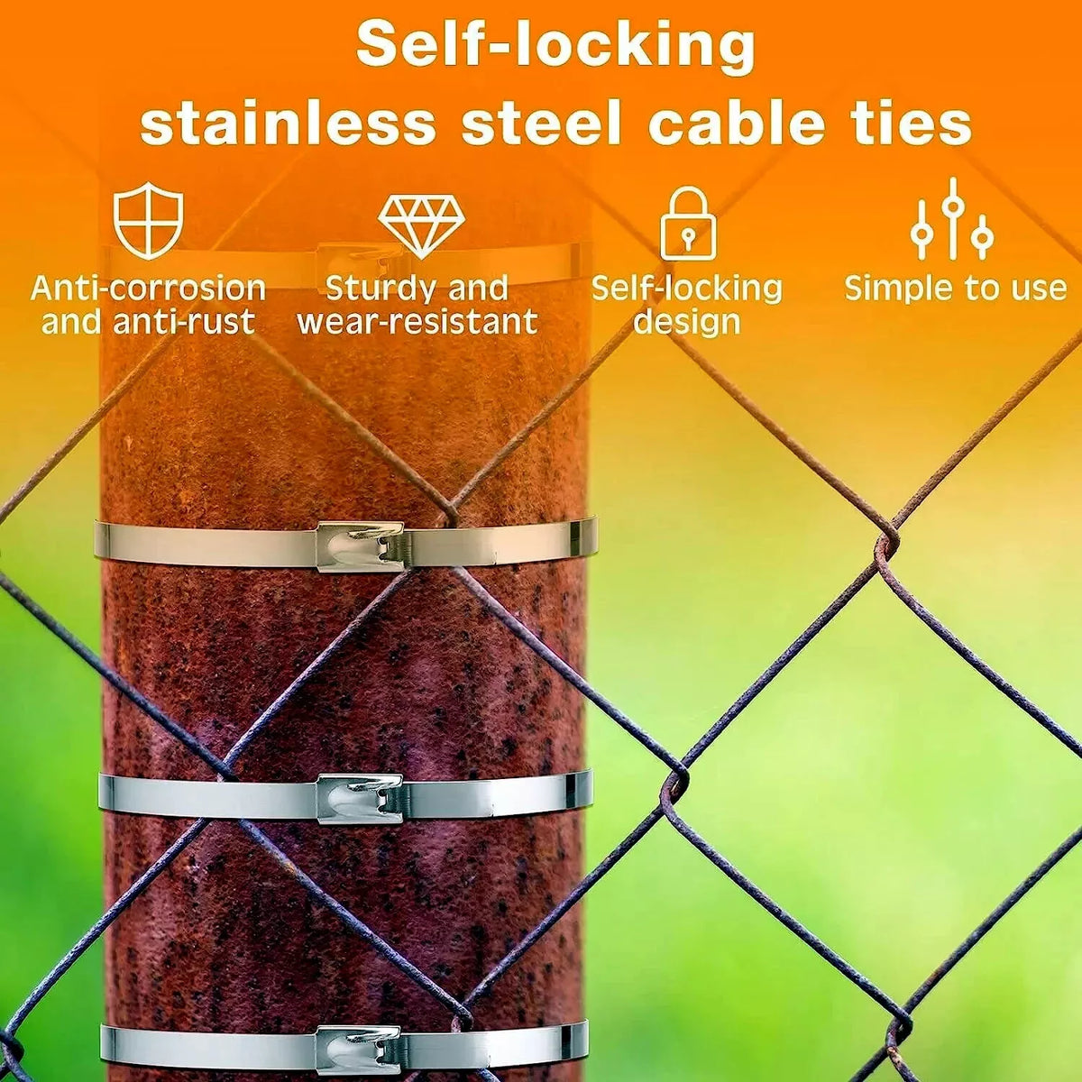 Self-locking stainless steel cable ties shown wrapped around a rusty metal post in front of a chain-link fence, with marketing text and feature icons at the top.