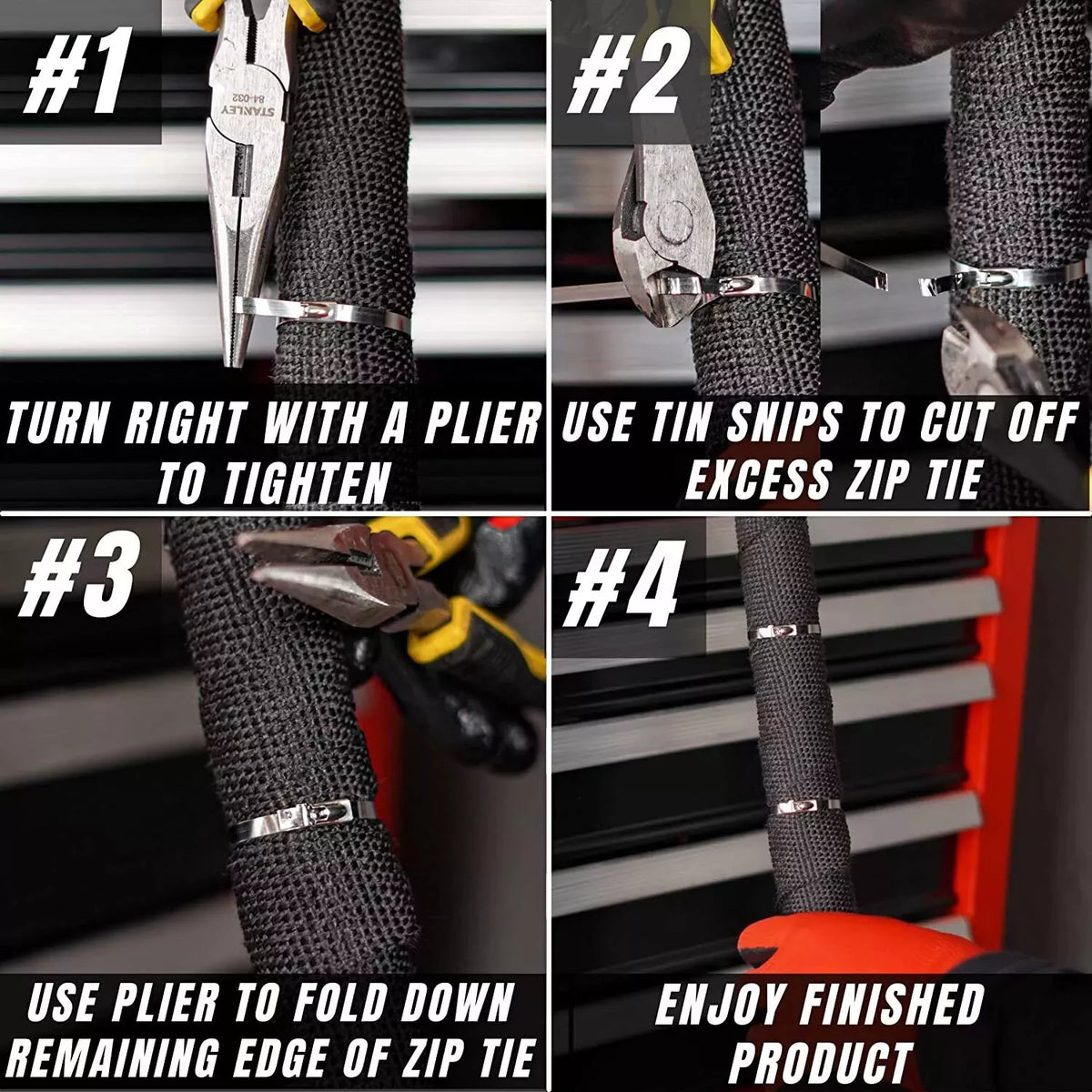 Step-by-step guide on how to use pliers and tin snips to tighten and cut a stainless steel zip tie, with text instructions.