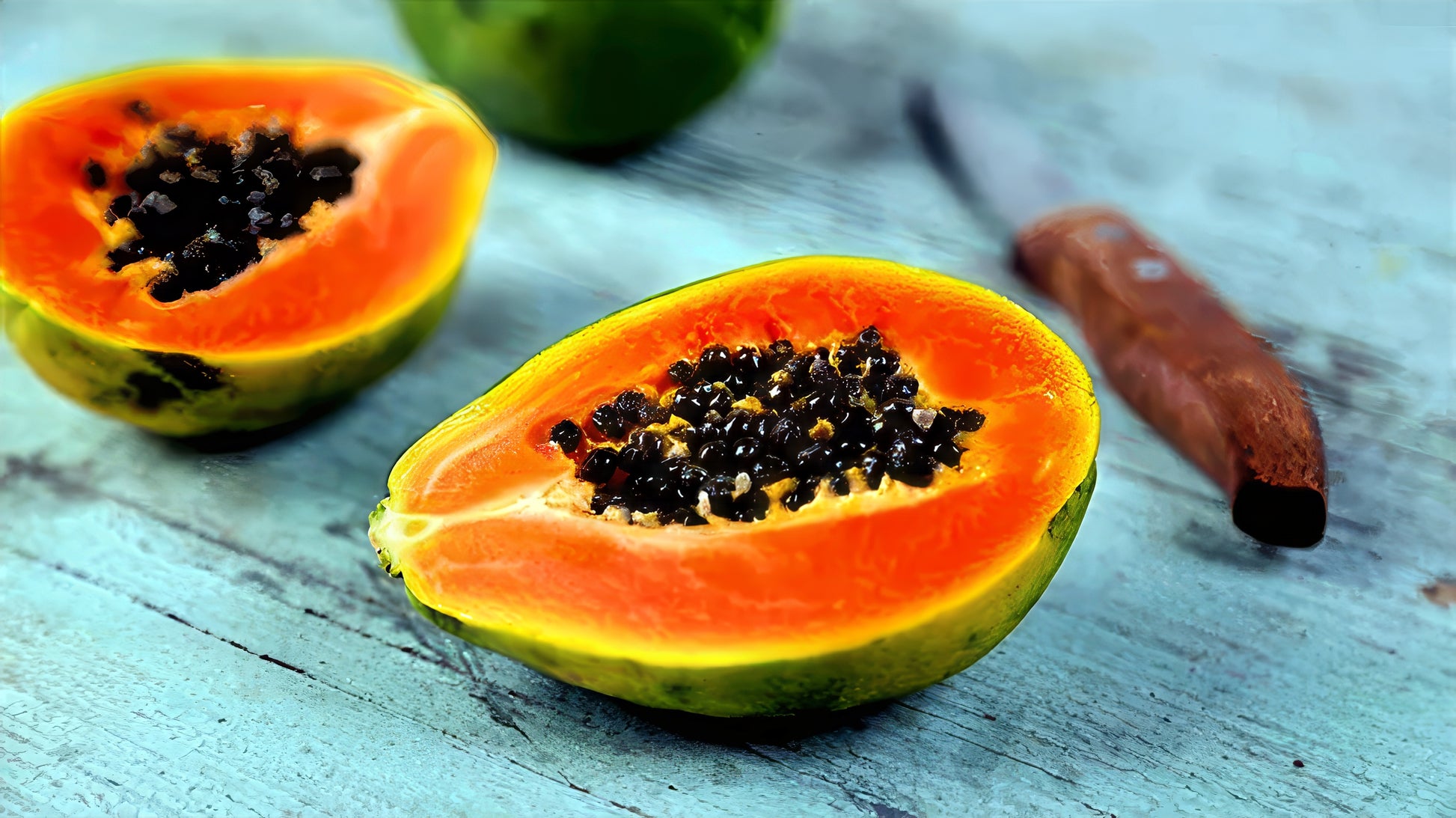 Halved Dwarf Hawaiian Solo Sunrise papaya on a wooden surface with a knife