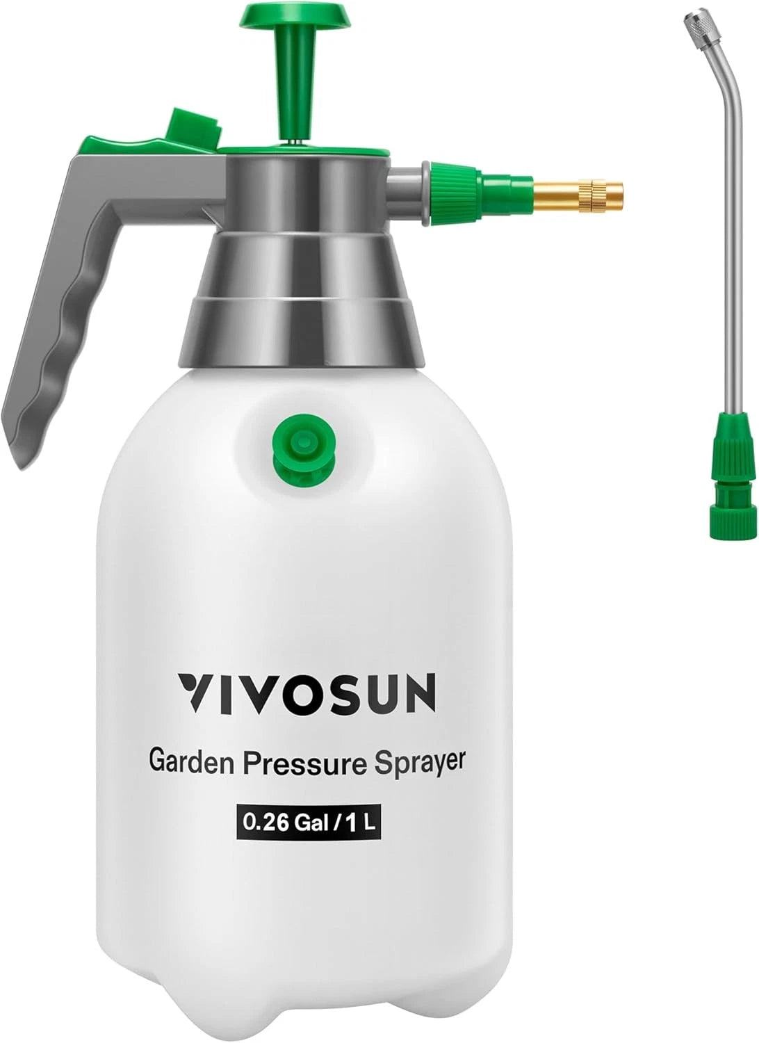VIVOSUN garden pressure sprayer with white body, green and silver accents on a white background