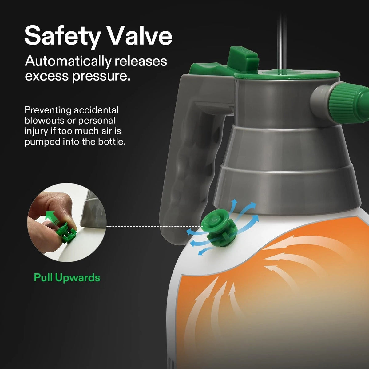Spray bottle with safety valve feature highlighted on a black background