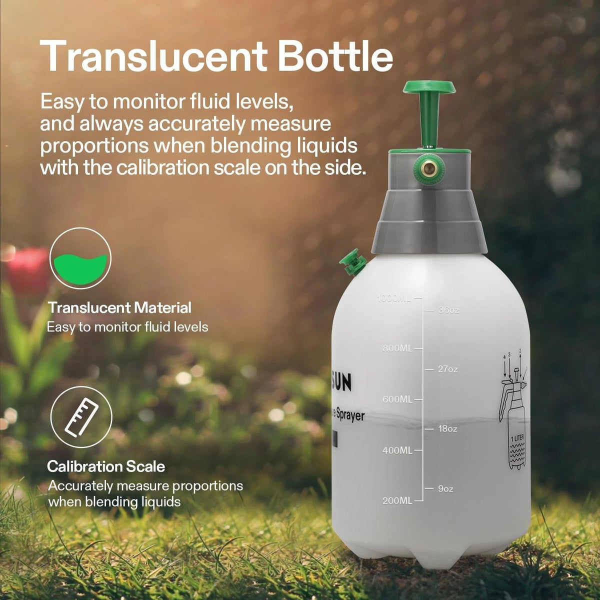 Translucent garden pump spray bottle with calibration scale on a grassy background